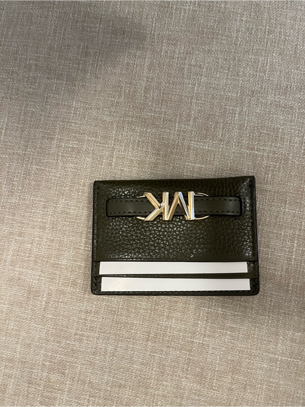Michael Kors Olive Green Leather Card Case with Gold MK Logo